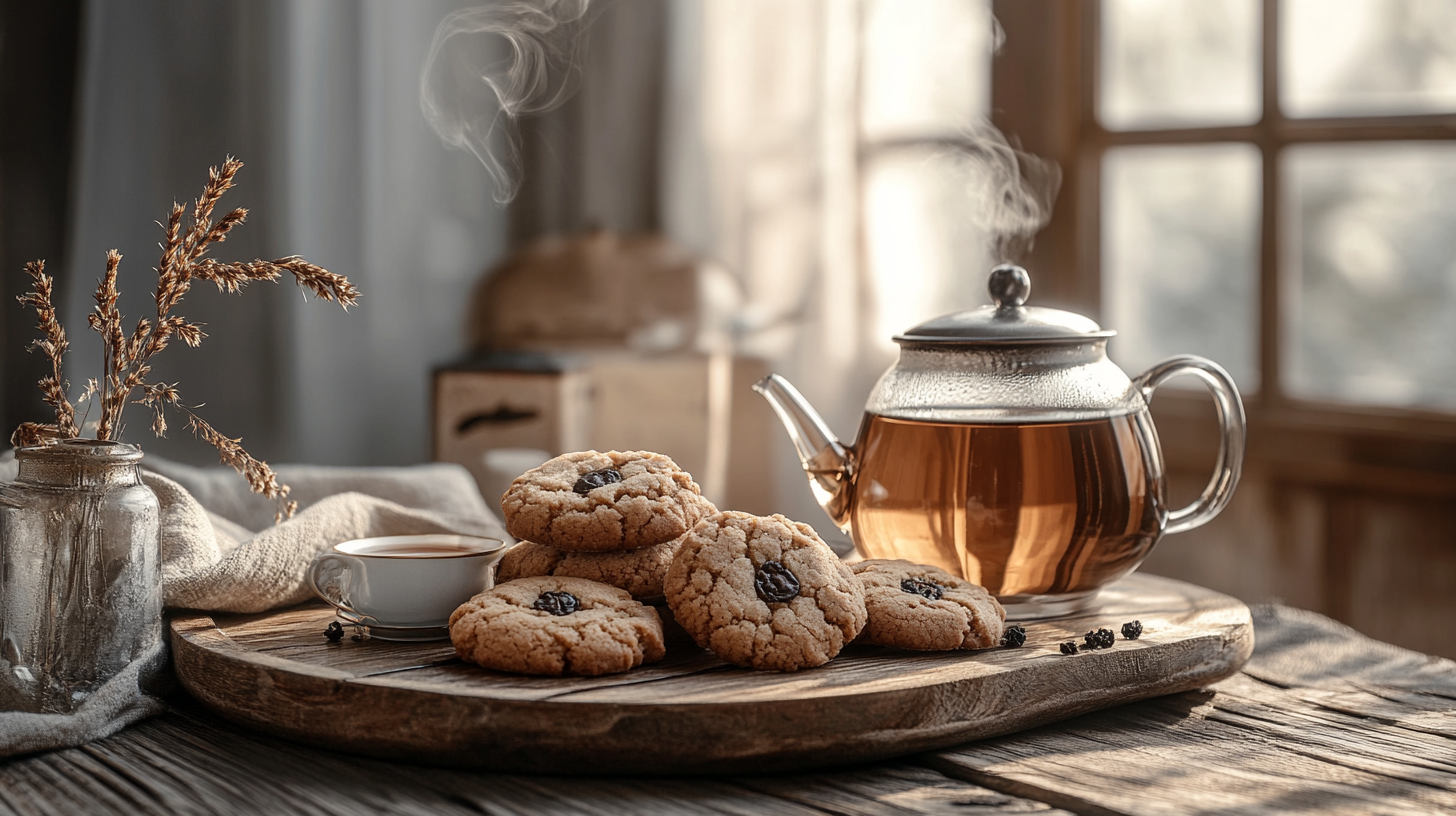 A rustic presentation of Earl Grey cookies on a wooden tray, surrounded by loose-leaf Earl Grey tea and a steaming teapot, set in a warm and cozy ambiance.