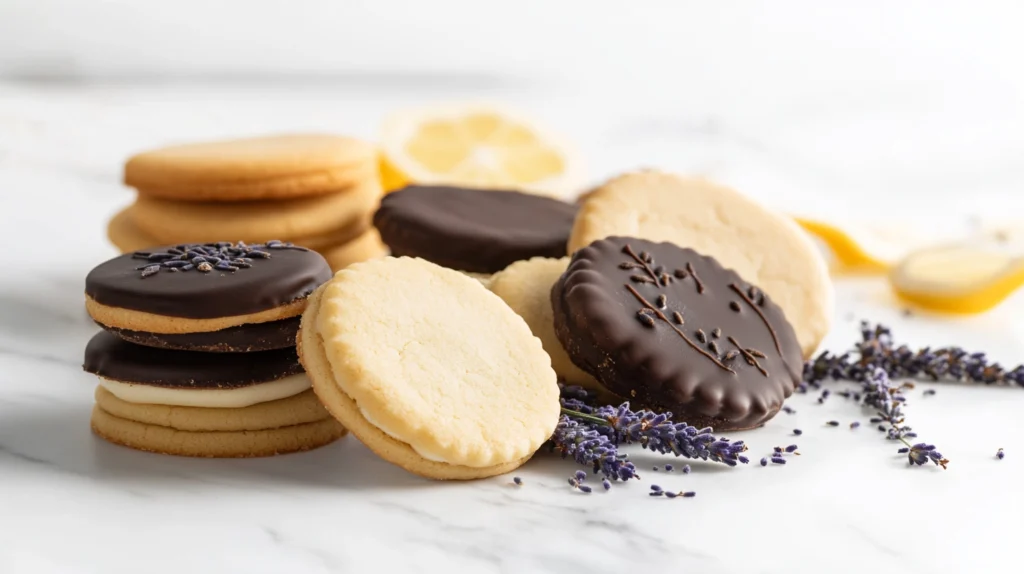 An assortment of Earl Grey cookie variations on a white marble surface, including chocolate-dipped, lavender-infused, lemon-glazed, and sandwich cookies with buttercream filling.