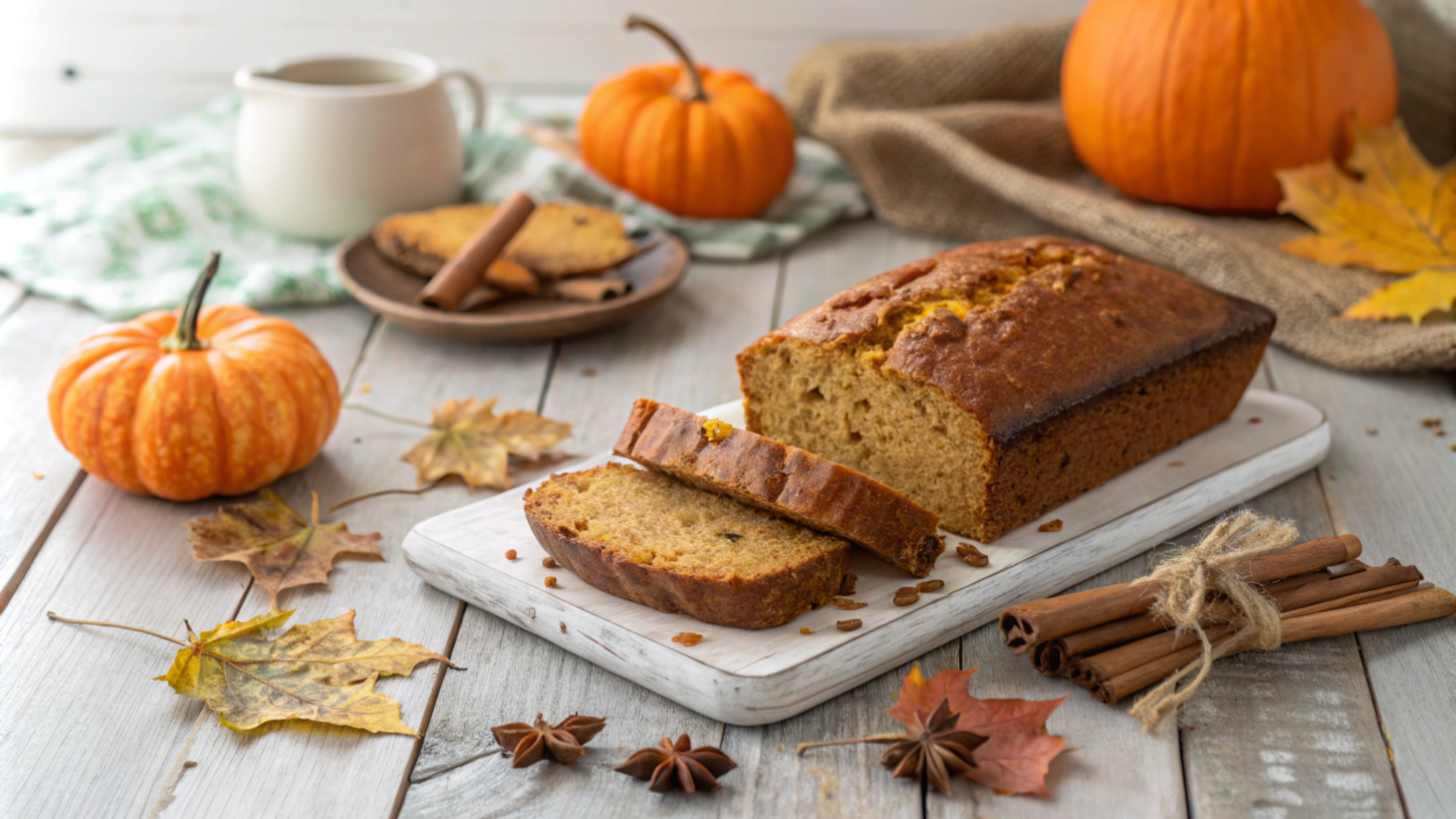 Freshly baked pumpkin banana loaf sliced on a rustic wooden table, surrounded by autumn decorations like pumpkins, cinnamon sticks, and fall leaves, with soft natural lighting.