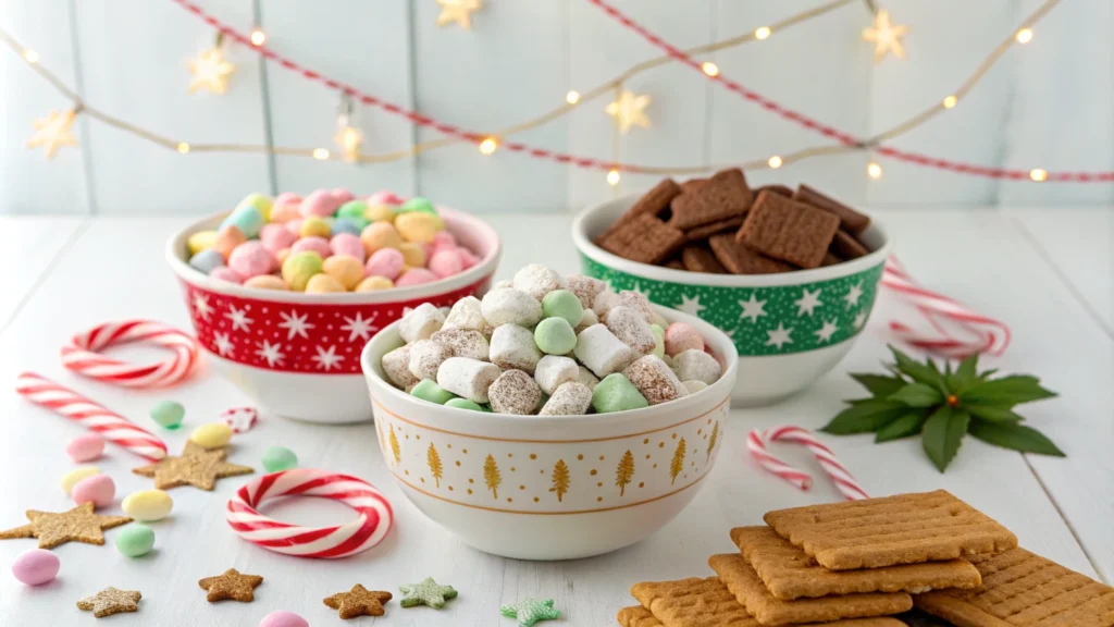 Three bowls of Muddy Buddies variations: one with red and green sprinkles for Christmas, one with pastel candies for Easter, and one with mini marshmallows and graham crackers for s’mores, surrounded by festive decorations.