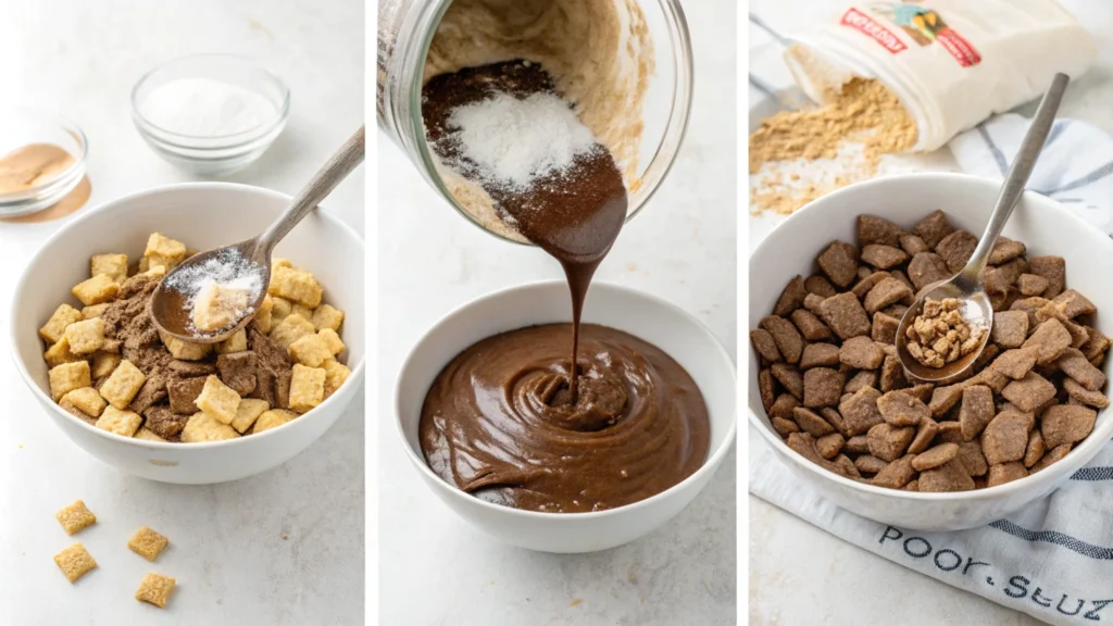 Collage of three steps to make Muddy Buddies: melting chocolate and peanut butter, coating Chex cereal in the mixture, and shaking the cereal in a bag with powdered sugar.