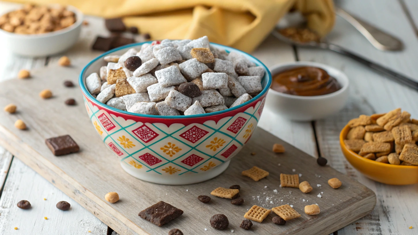 Top-down view of a decorative bowl filled with Muddy Buddies coated in powdered sugar, surrounded by scattered Chex cereal, chocolate chips, peanut butter, and powdered sugar on a rustic wooden table.