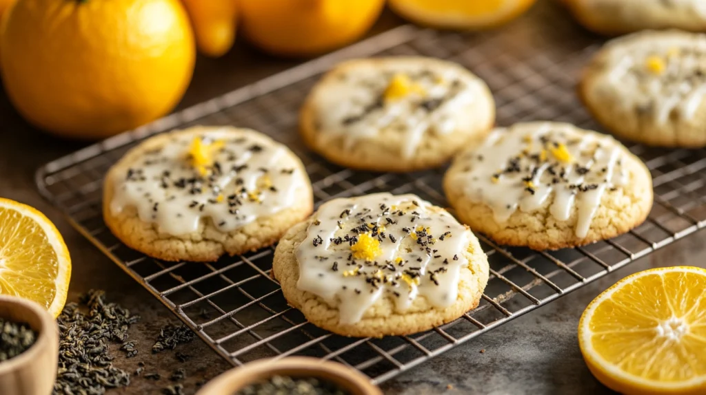 Close-up of Earl Grey cookies cooling on a rack, drizzled with lemon glaze, surrounded by bergamot oranges and ground tea leaves.