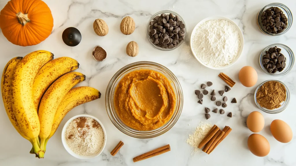 Freshly baked pumpkin banana loaf sliced on a rustic wooden table, surrounded by autumn decorations like pumpkins, cinnamon sticks, and fall leaves, with soft natural lighting.