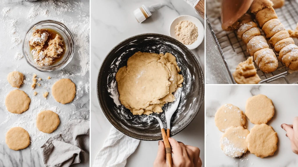 A collage of the cookie-making process: mixing dough, rolling into a log, slicing rounds, and cookies baking in the oven.