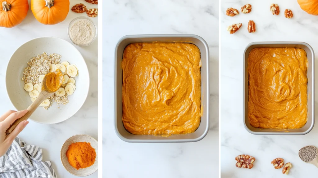 Freshly baked pumpkin banana loaf sliced on a rustic wooden table, surrounded by autumn decorations like pumpkins, cinnamon sticks, and fall leaves, with soft natural lighting.