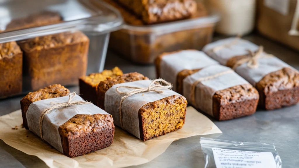 Freshly baked pumpkin banana loaf sliced on a rustic wooden table, surrounded by autumn decorations like pumpkins, cinnamon sticks, and fall leaves, with soft natural lighting.