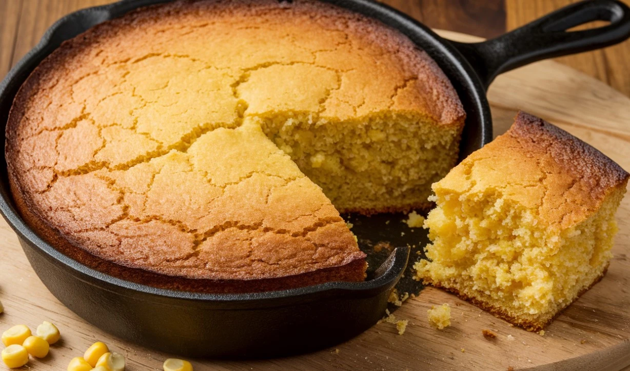 Freshly baked cracklin cornbread in a cast-iron skillet with golden crust and crispy cracklins