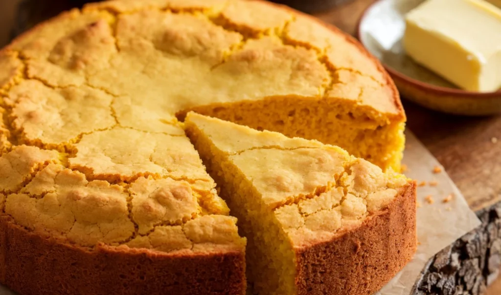 Freshly baked cracklin cornbread in a cast-iron skillet with golden crust and crispy cracklins