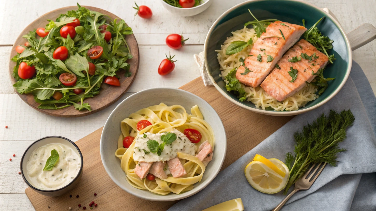 Flat-lay of canned salmon dishes: a fresh salad, a rice bowl with salmon and herbs, and creamy salmon pasta on a wooden table.