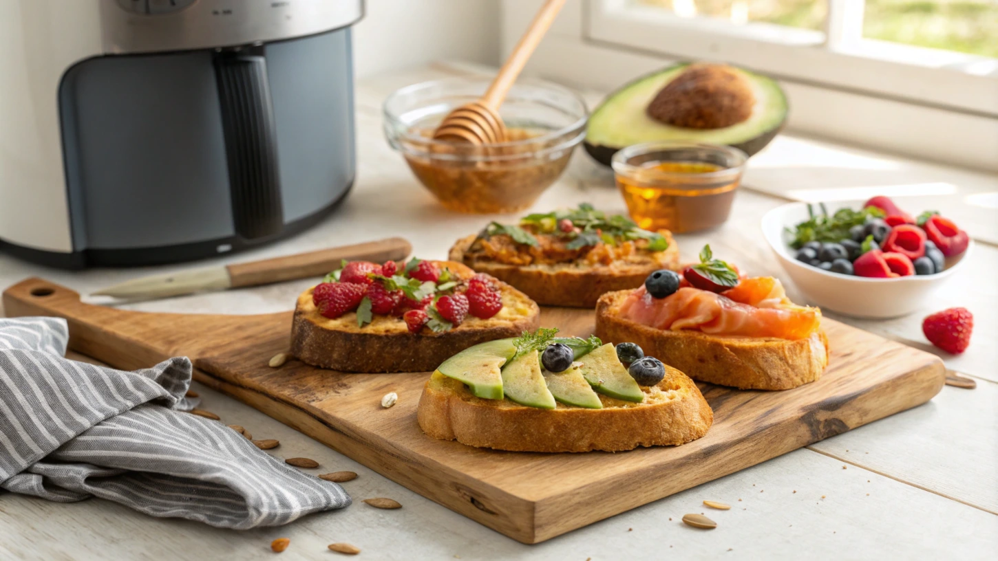 Golden-brown crispy sweet potato toast slices on a wooden cutting board with toppings like mashed avocado, smoked salmon, berries, and honey, placed near a modern air fryer in a sunlit kitchen.