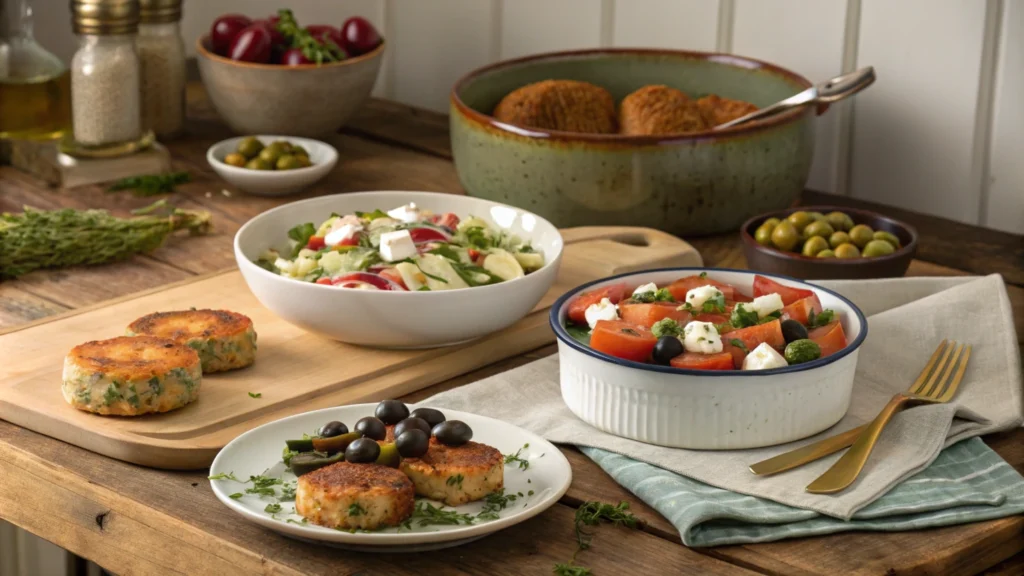 Table spread with canned salmon recipes, including a salad, patties, and casserole, highlighting its versatility.