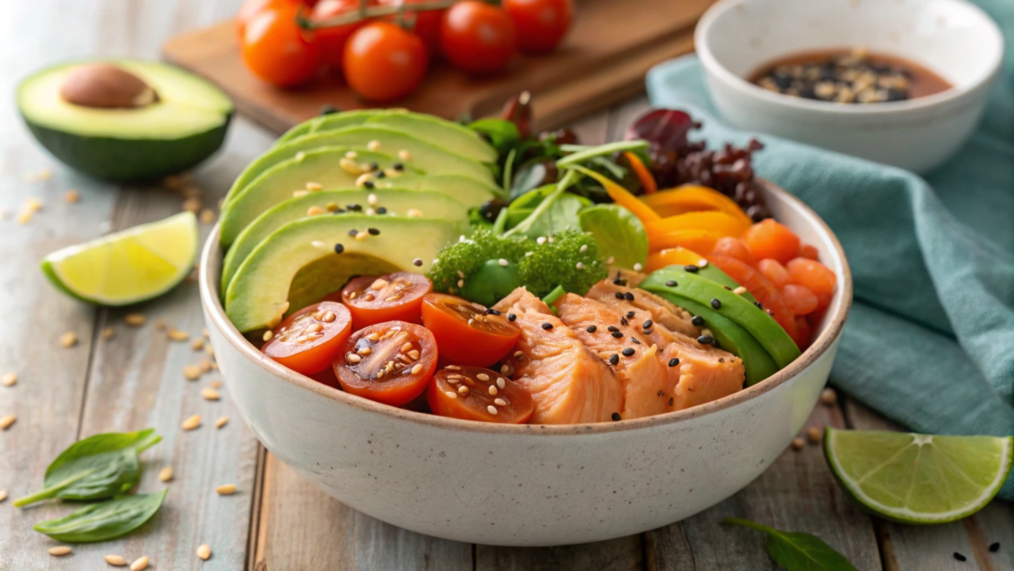 Healthy canned salmon bowl with fresh vegetables and a drizzle of dressing on a wooden table.