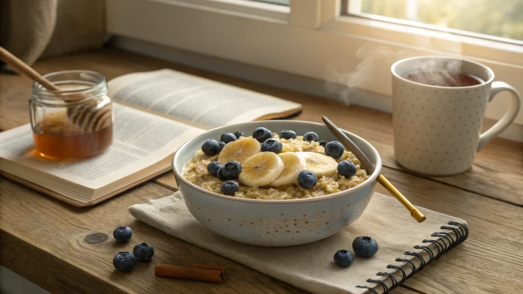 Bowl of oatmeal with bananas and blueberries next to a cup of tea, symbolizing a productive morning.