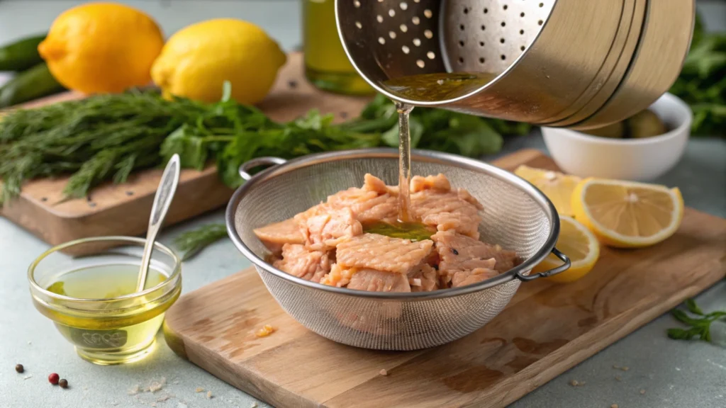 Close-up of canned salmon in a strainer, with its nutrient-rich liquid retained in a bowl.