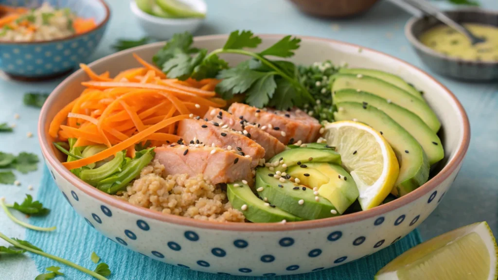 Canned salmon Buddha bowl with quinoa, avocado, carrots, cucumbers, and lemon dressing garnished with cilantro and sesame seeds.