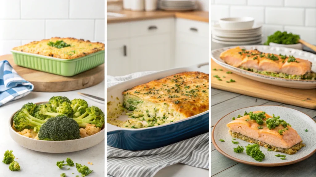 Collage of salmon and rice bake variations featuring broccoli, vegan cheese, and fresh dill.