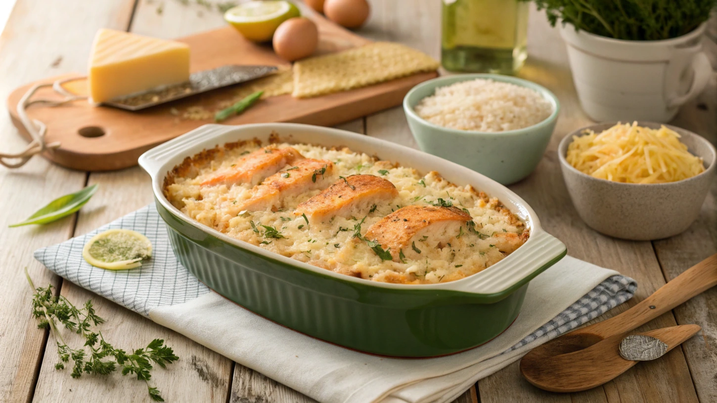 Golden-brown salmon and rice bake on a rustic wooden table with ingredients like salmon, rice, and cheese.