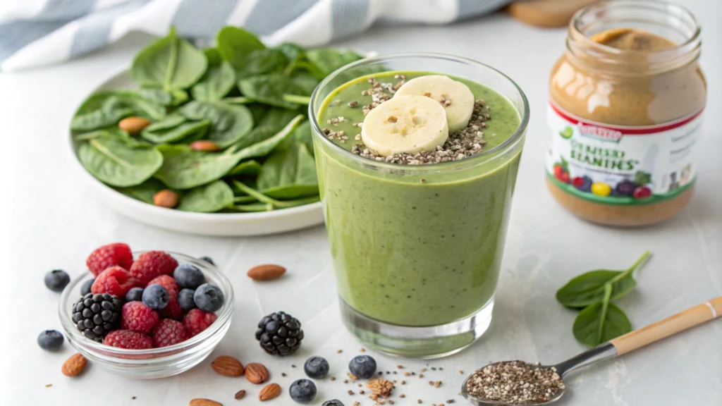 Green smoothie topped with chia seeds and banana, surrounded by fresh and frozen ingredients.