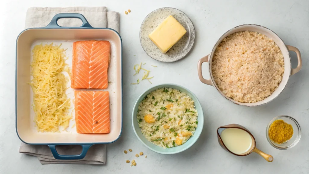 Flat-lay of cooking steps for salmon and rice bake with butter, salmon, rice, and cheese.