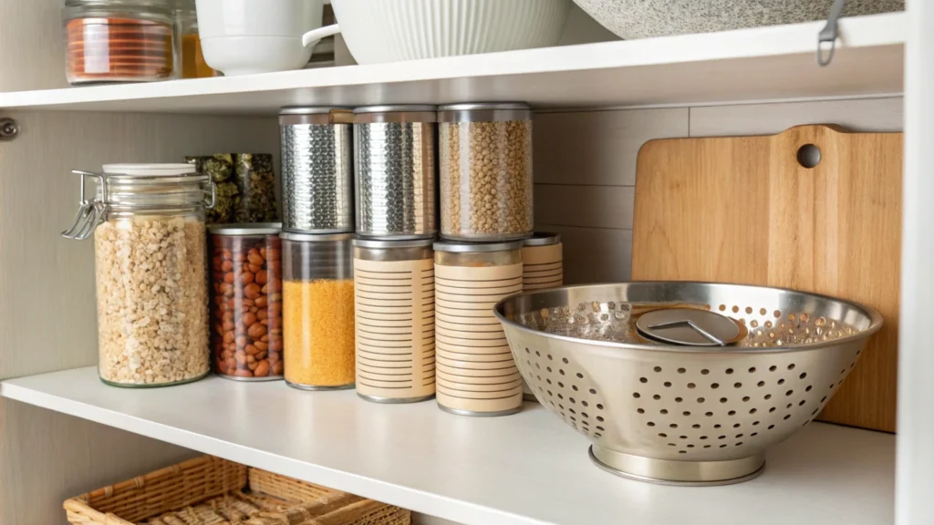 Organized pantry shelf with canned salmon, emphasizing convenience and long shelf life.