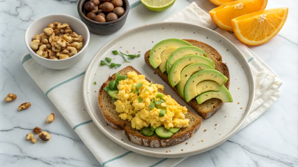 Balanced breakfast plate with scrambled eggs, avocado toast, nuts, and orange slices for sustained energy.