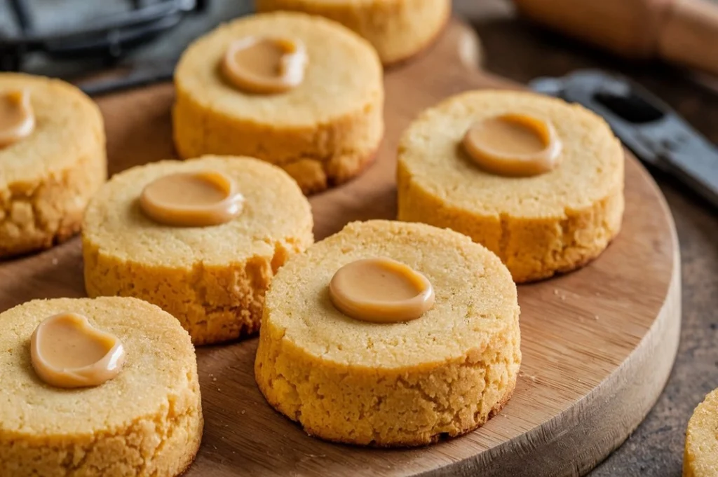 Golden honey butter cornbread cookies on a white plate with a drizzle of honey and a side of butter