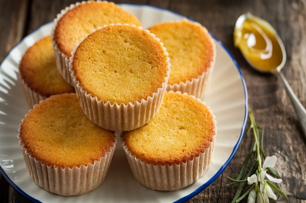 Golden honey butter cornbread cookies on a white plate with a drizzle of honey and a side of butter