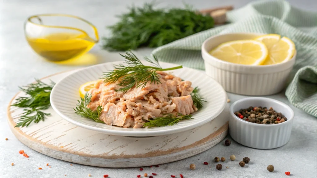 Plate of canned salmon garnished with fresh herbs and lemon, surrounded by spices and olive oil.