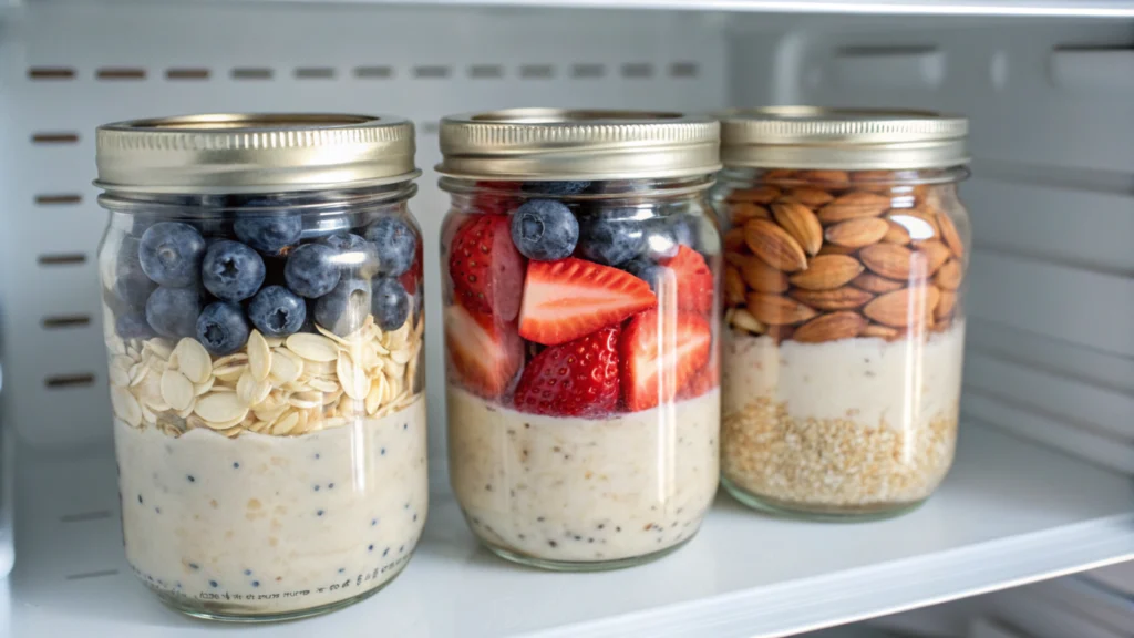 Mason jars filled with overnight oats and various toppings, showcasing easy breakfast meal prep.