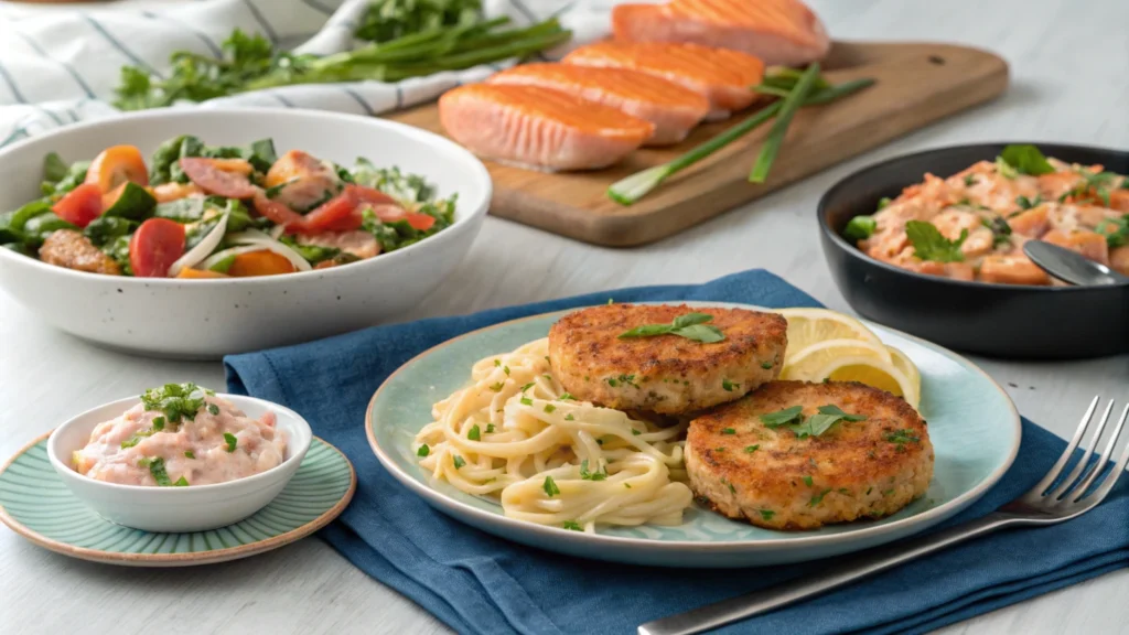 A variety of canned salmon dishes, including patties, pasta, and salad, showcasing versatility in cooking.