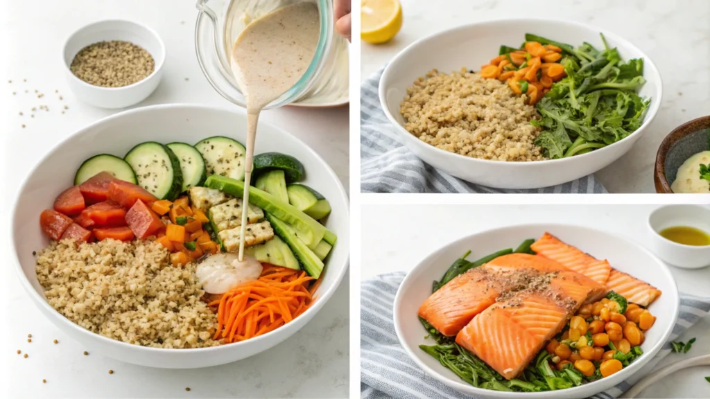 Collage of the preparation steps for a Buddha bowl, showing cooking quinoa, roasting vegetables, seasoning canned salmon, layering ingredients, and drizzling dressing, styled on a clean, modern kitchen setup