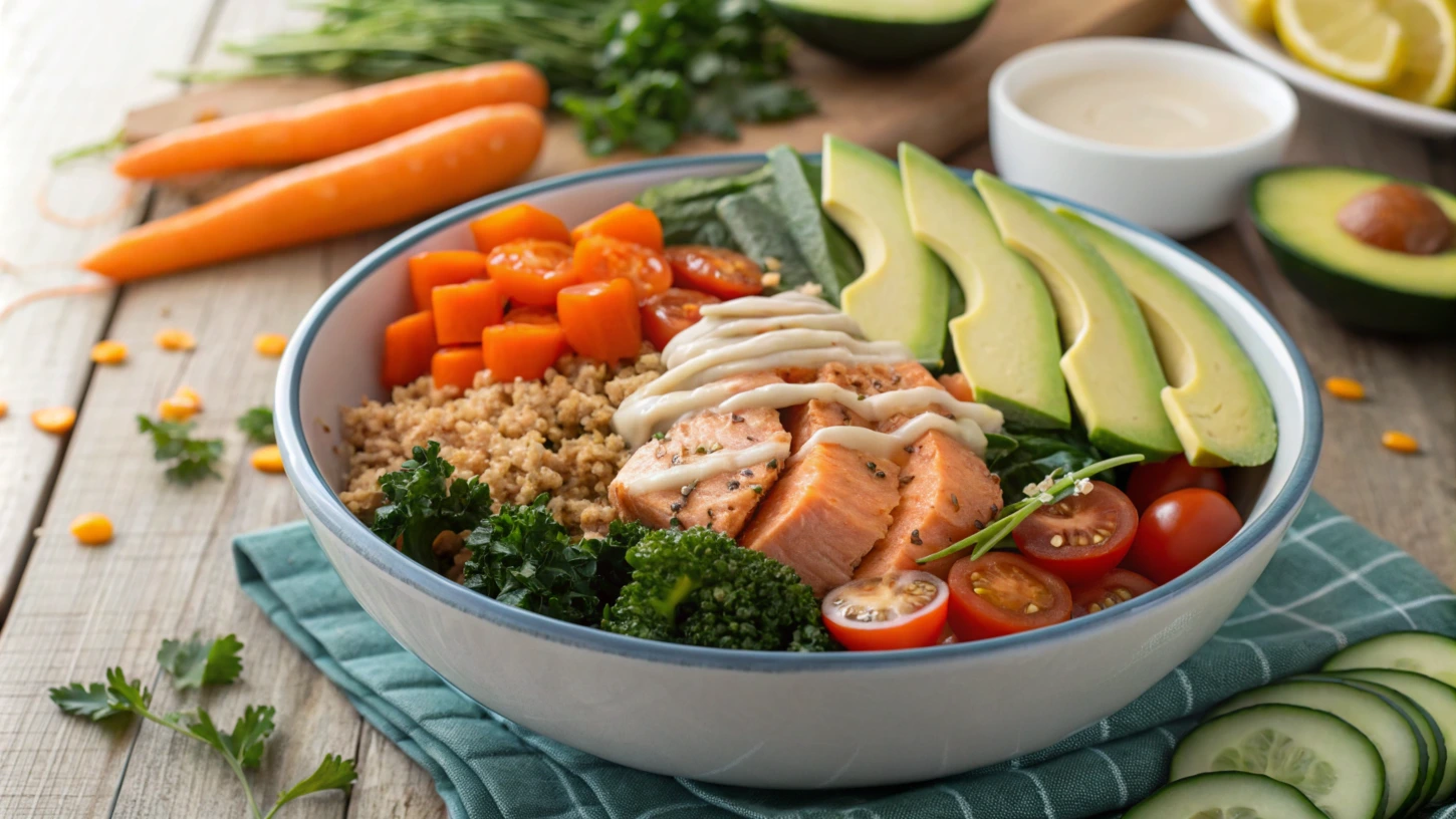 A colorful Buddha bowl with flaked canned salmon, quinoa, roasted sweet potatoes, kale, cherry tomatoes, avocado slices, and creamy tahini dressing on a rustic wooden table with fresh ingredients scattered around.