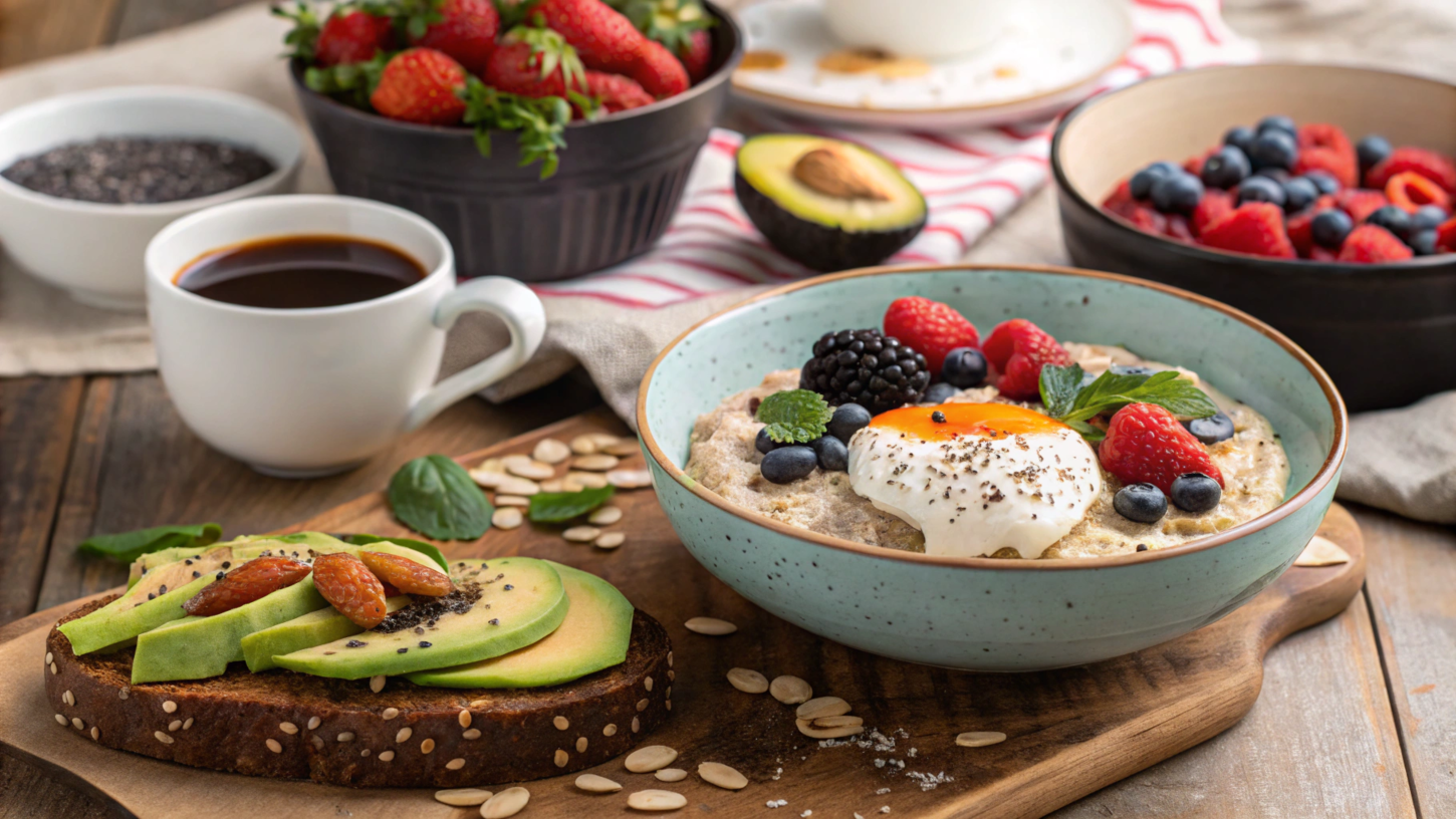 A colorful breakfast spread with overnight oats, a smoothie bowl, avocado toast, and coffee on a wooden table.