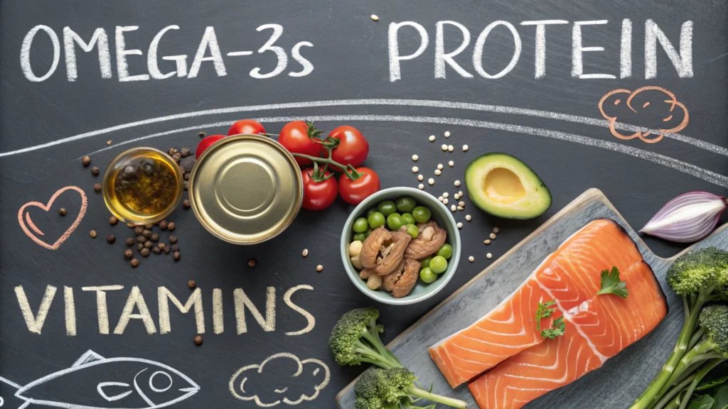 Chalkboard-style layout with canned salmon, vegetables, and nutritional highlights like omega-3s and protein.