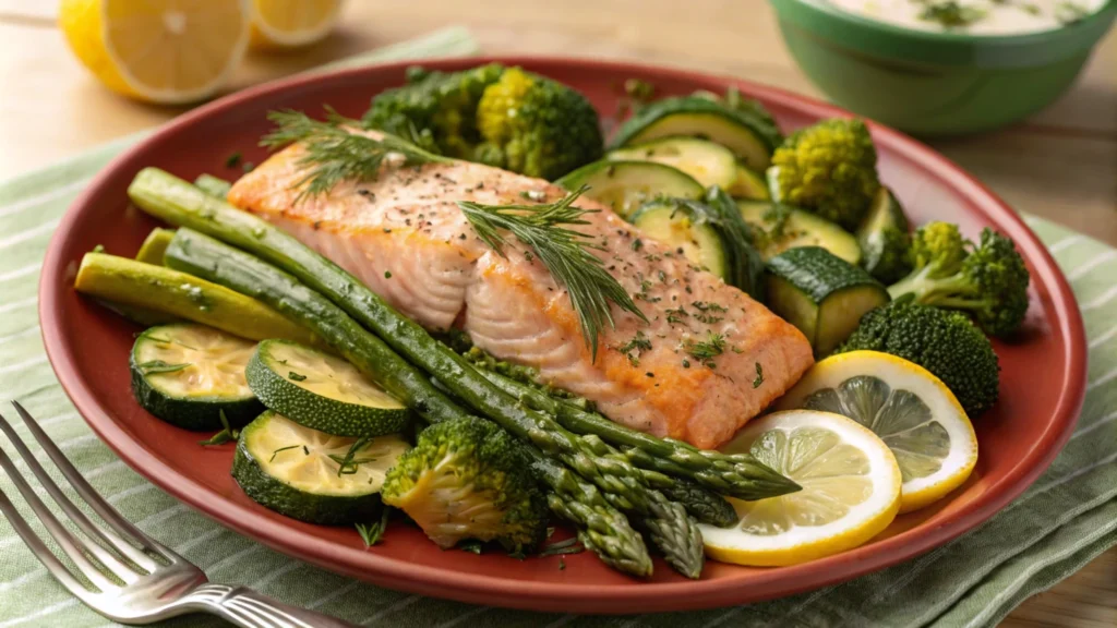 Roasted vegetables like asparagus, broccoli, and zucchini served with flaked canned salmon and lemon slices.