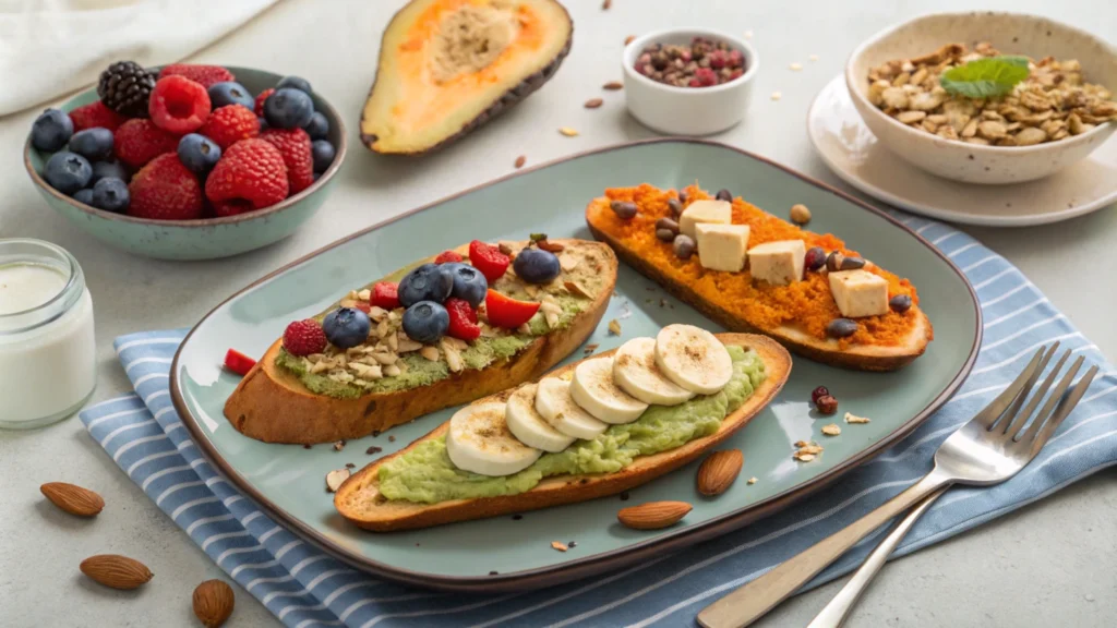 Golden sweet potato toast slices stored in an airtight container next to frozen uncooked slices, with a note card reading 'Meal Prep Tips' and fresh herbs for decoration.