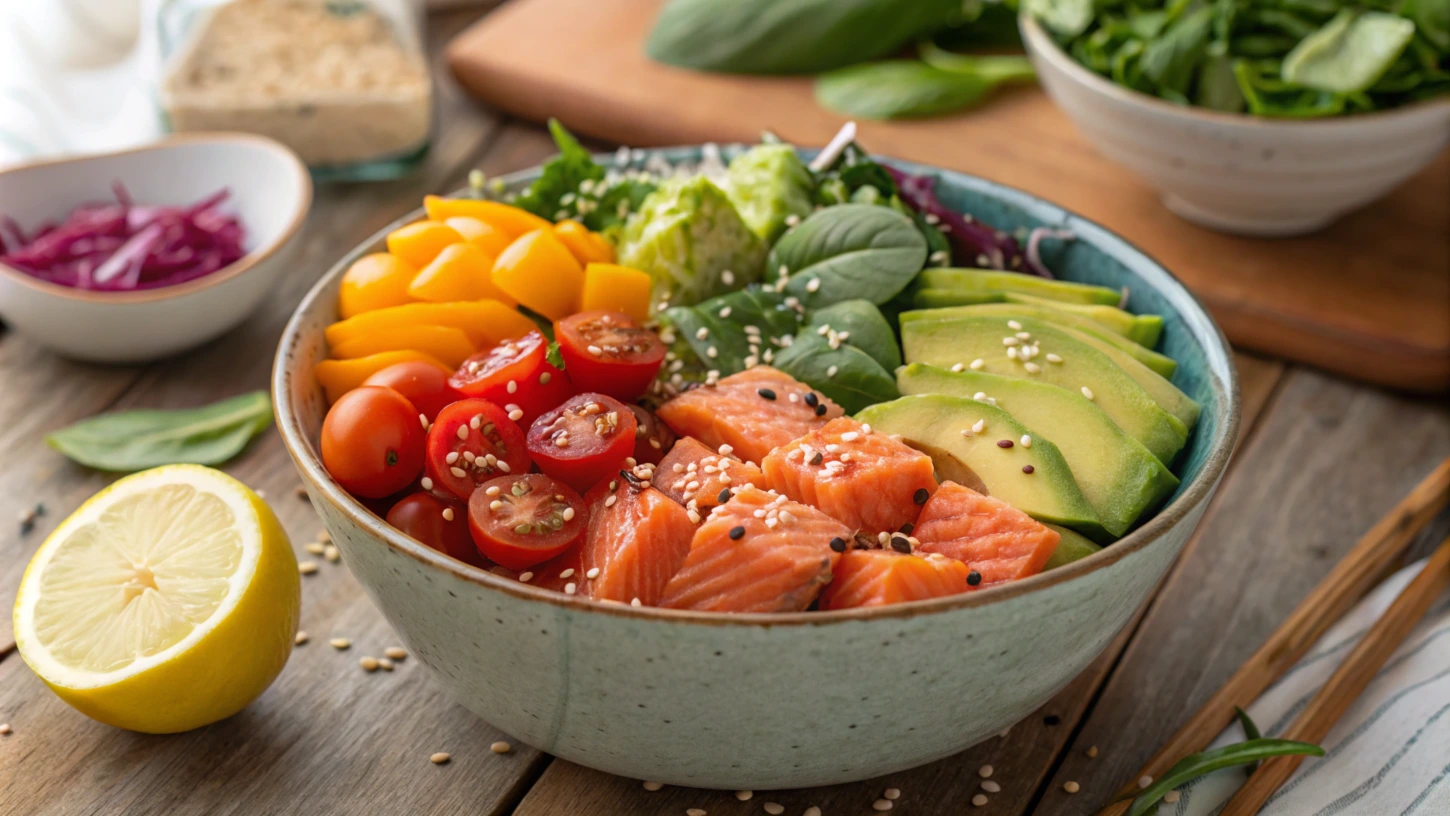 Vibrant canned salmon bowl with fresh ingredients like avocado, tomatoes, and greens, on a rustic table.