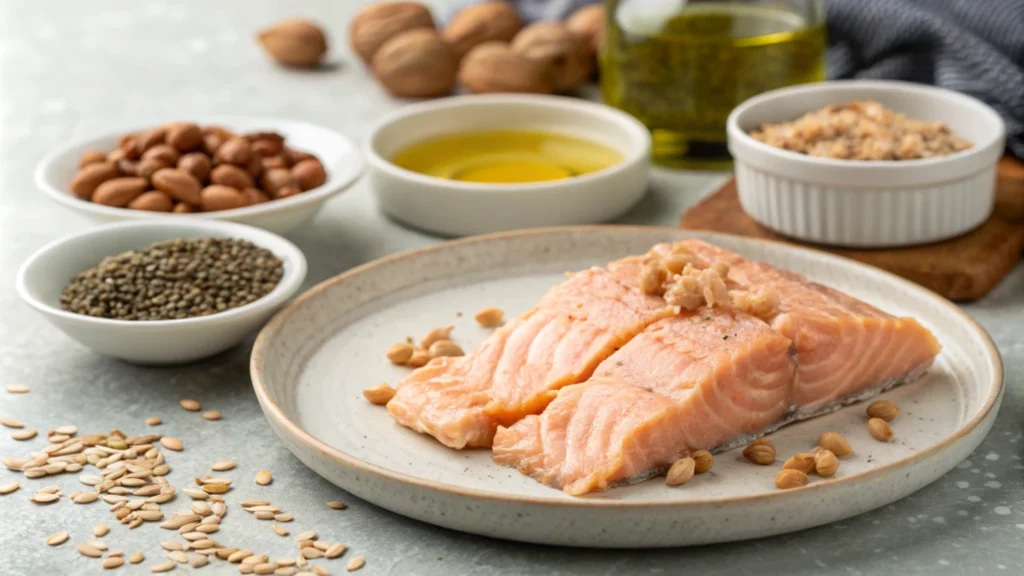 Close-up of canned salmon with omega-3 rich foods like nuts and seeds in the background.