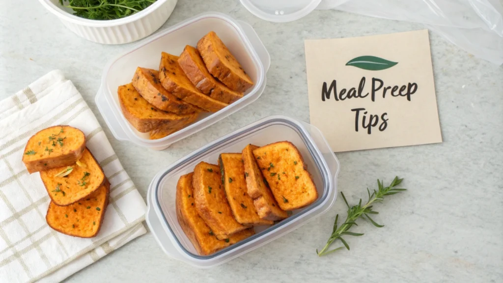 Golden sweet potato toast slices stored in an airtight container next to frozen uncooked slices, with a note card reading 'Meal Prep Tips' and fresh herbs for decoration.