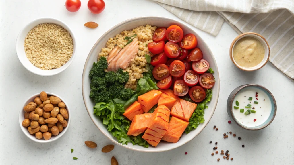 Overhead view of ingredients for a canned salmon Buddha bowl, including canned salmon, quinoa, kale, cherry tomatoes, roasted sweet potatoes, tahini dressing, nuts, and seeds on a clean kitchen countertop.