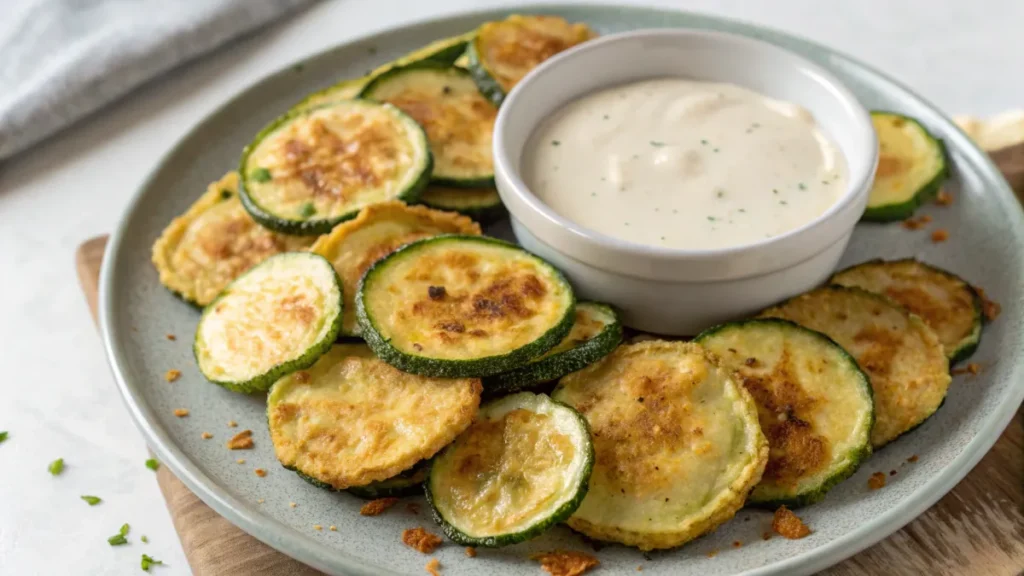 Crispy low-carb zucchini chips made in an air fryer, served with ranch dressing