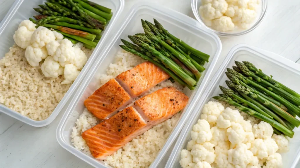 Low-carb meal prep featuring air-fried salmon, asparagus, and cauliflower rice in containers.