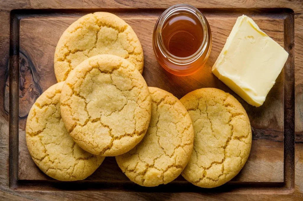 Golden honey butter cornbread cookies on a white plate with a drizzle of honey and a side of butter