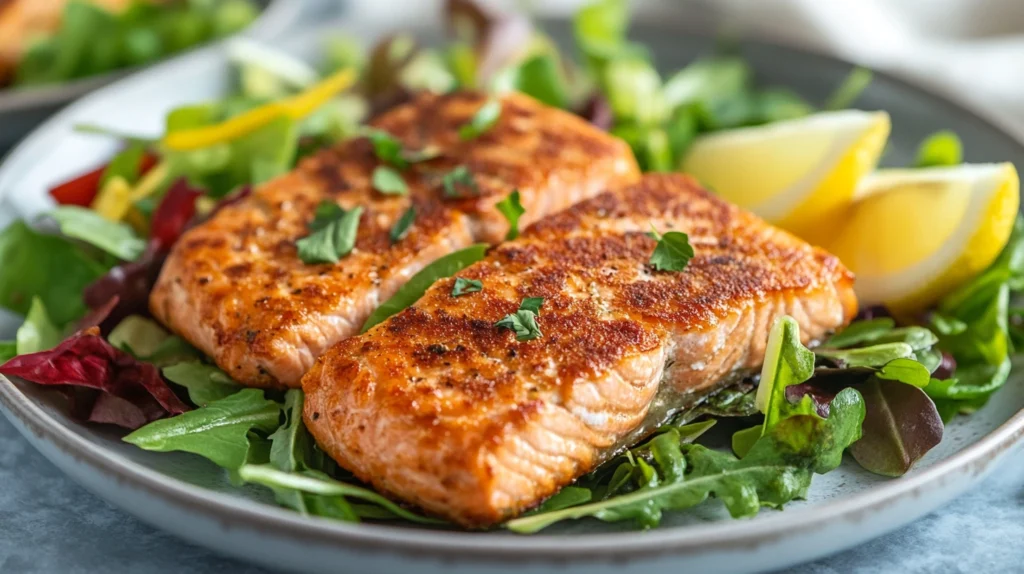 Golden brown salmon patties with salad and lemon wedges.