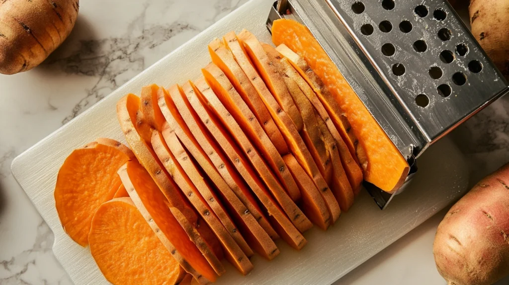 Slicing sweet potatoes evenly for Sweet Potato Toaster.