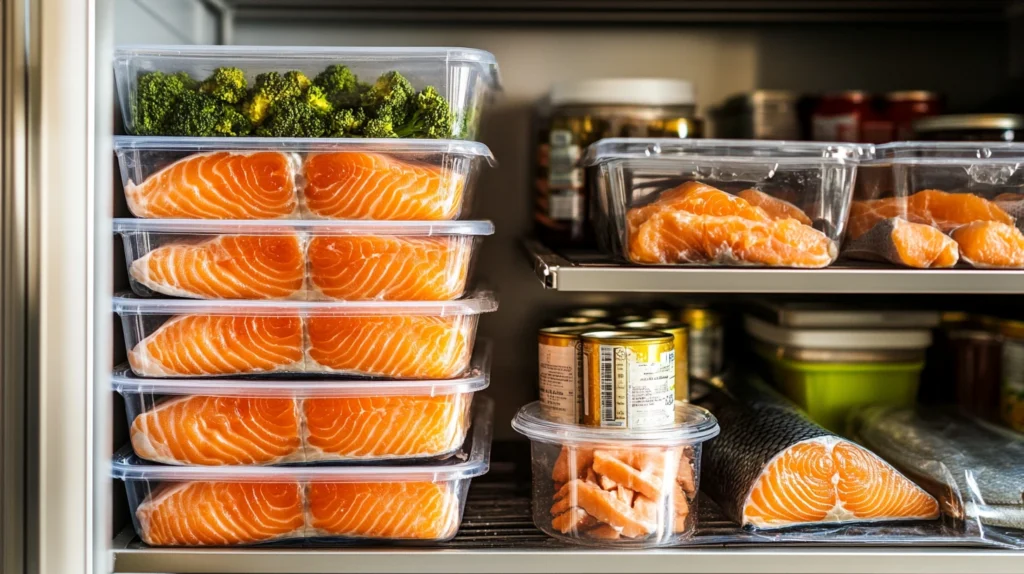 Proper storage tips for canned salmon: pantry stack and airtight container.