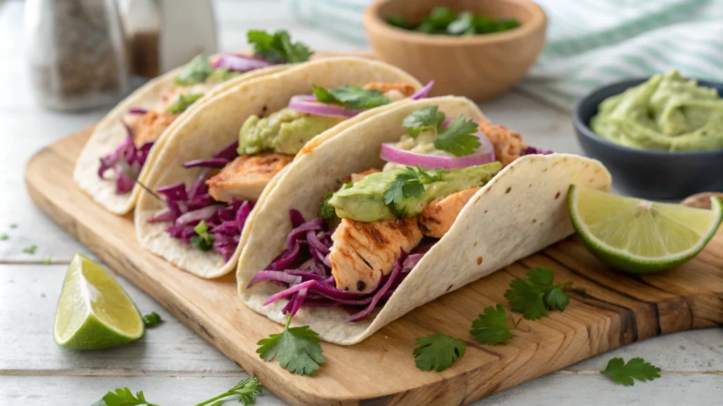 Soft tacos with canned salmon, shredded cabbage, avocado crema, and lime wedges on a wooden board.