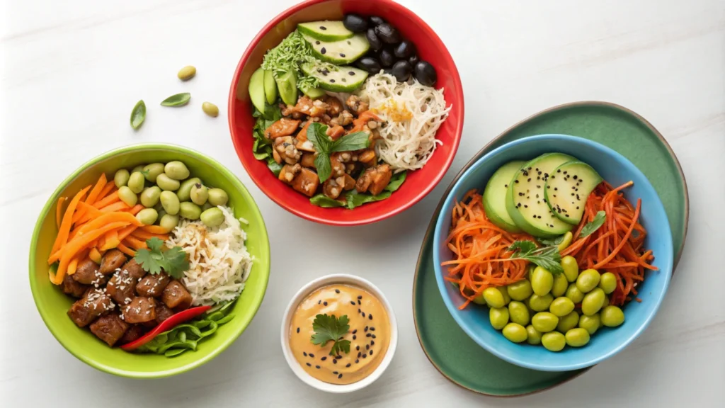 Three Buddha bowls showcasing customization options: Asian-inspired with edamame and soy-ginger dressing, Mediterranean with tzatziki and olives, and spicy with sriracha mayo and roasted poblano peppers.