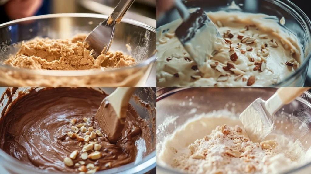 Close-up of almond nut cake batter being mixed in a glass bowl with a spatula, showing the creamy consistency